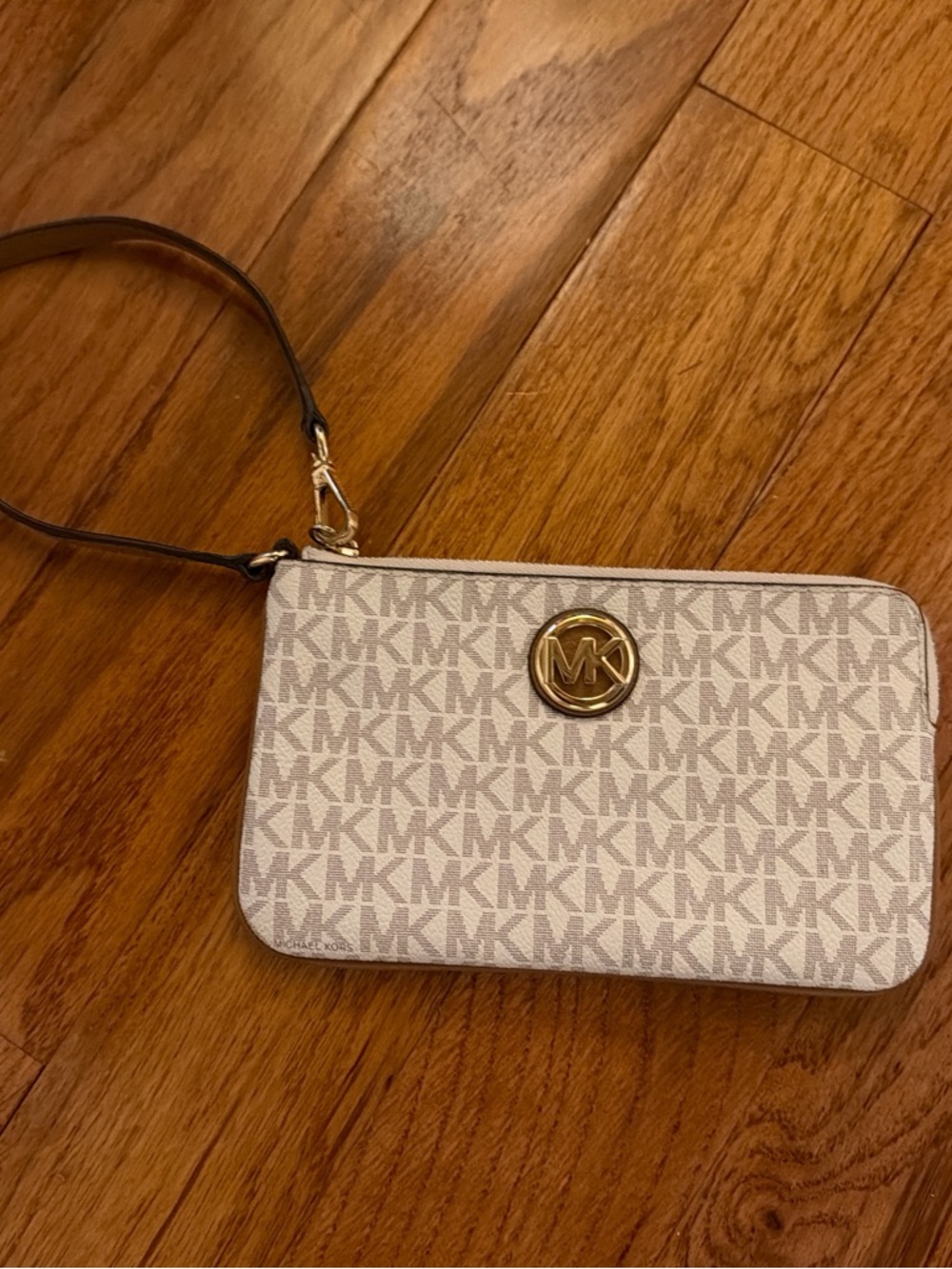 Michael Kors Beige Logo Wristlet with Gold Emblem